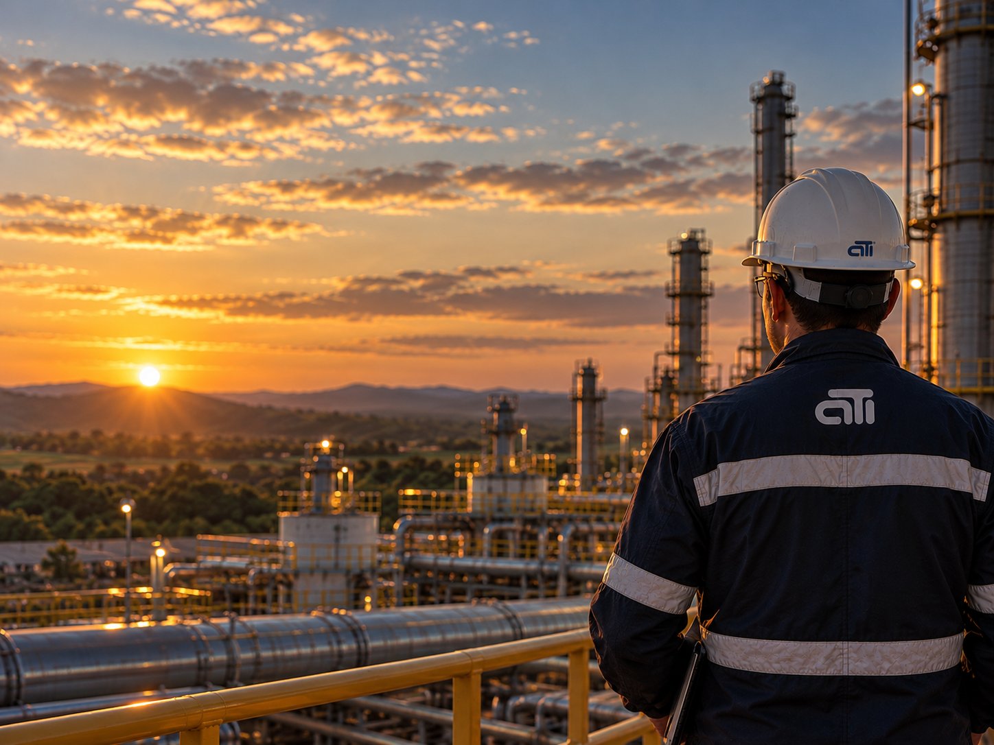Operación industrial de Oil & Gas al atardecer — ATI